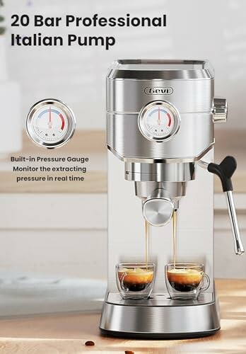 20 Bar Professional Italian Pump espresso machine with pressure gauge and two espresso cups.