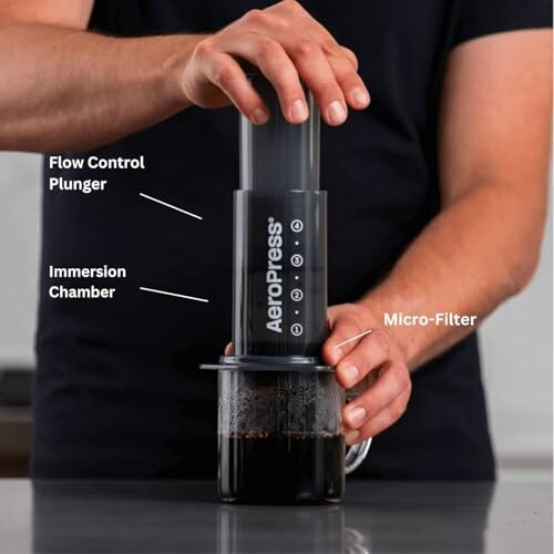 Person using an AeroPress coffee maker with labeled parts.