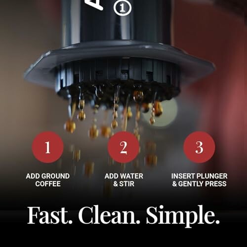 Coffee device with steps: add ground coffee, add water and stir, insert plunger and press.