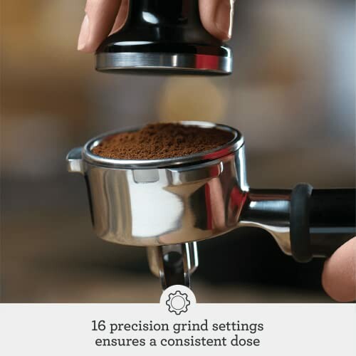 Coffee portafilter with ground coffee, highlighting 16 precision grind settings.