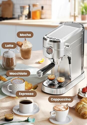 Coffee machine with various drinks like latte, mocha, macchiato, espresso, and cappuccino.