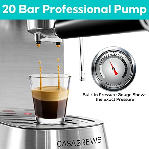 Espresso machine with a built-in pressure gauge showing exact pressure and a glass of espresso.