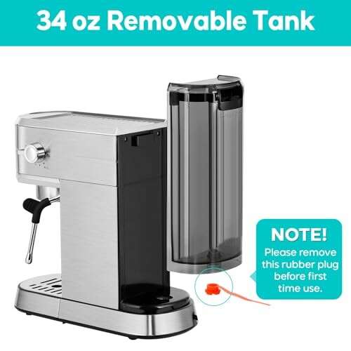 Espresso machine with removable 34 oz tank and note about rubber plug.