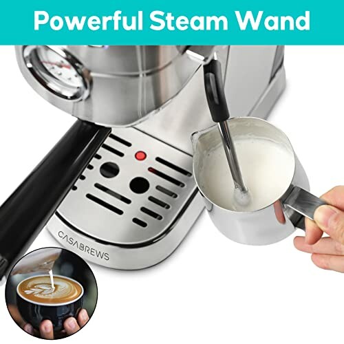 Espresso machine with powerful steam wand frothing milk.