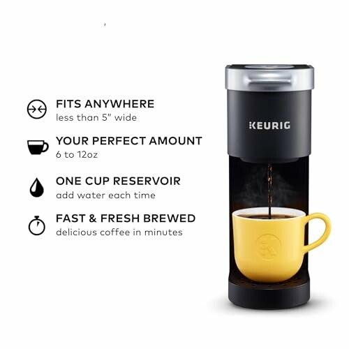 Keurig Mini coffee maker brewing into yellow mug