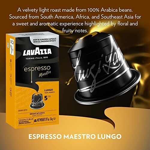 Lavazza Espresso Maestro Lungo coffee pods with box and coffee capsule.