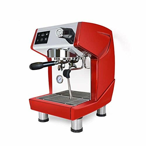 Red espresso machine with steam wand and control panel